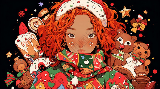 红色头发穿着圣诞风衣的卡通女孩背景图片
