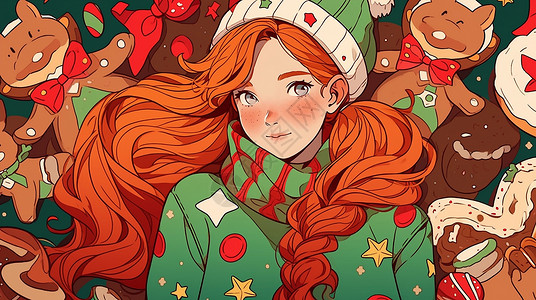 橙色长发圣诞主题漂亮的卡通女孩背景图片