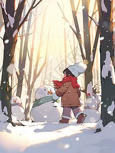 围着红色围巾在森林中堆雪人的卡通小女孩背景图片