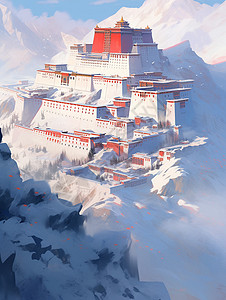 民族风建筑雪山顶上一座漂亮大气的卡通仿古建筑插画