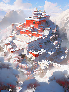 红色大气的仿古建筑在雪山上背景图片