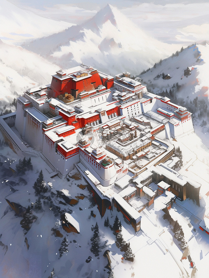 冬天雪山上大气唯美的卡通仿古建筑图片