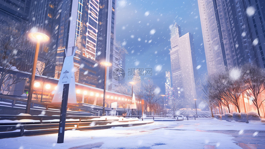 雪中城市中亮起灯温馨的卡通商业街图片