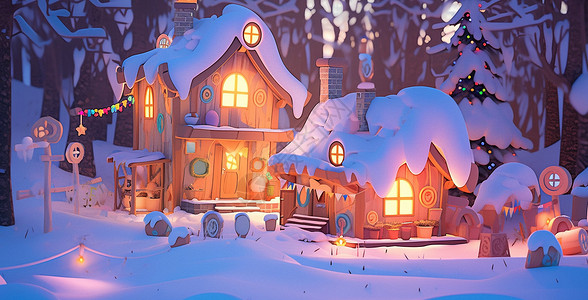 夜晚亮着灯温馨可爱的小雪屋背景图片