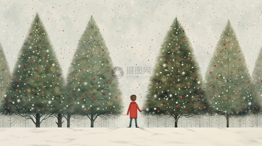 穿着红色欣赏远处圣诞树的卡通男孩背景图片