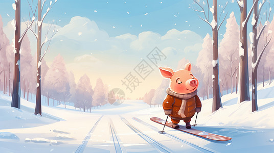 冬天在开心滑雪的卡通小猪背景图片