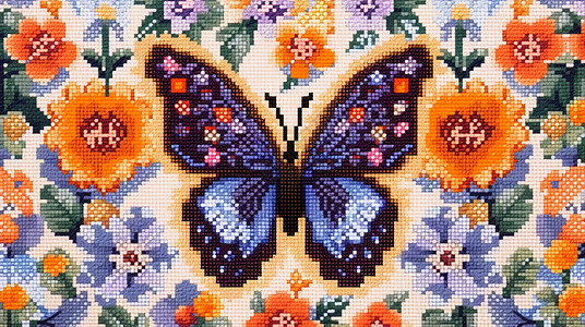 张开翅膀漂亮的蝴蝶与花朵十字绣图案卡通背景背景图片