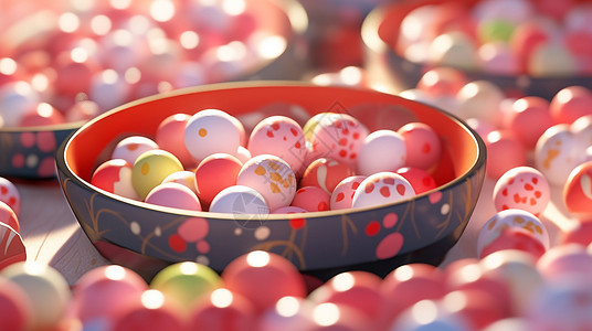 红色花碗中装着美味的卡通糖果背景图片