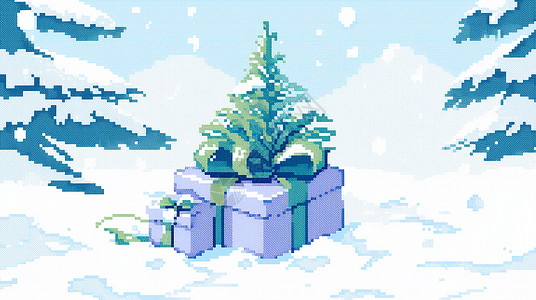 雪地上紫色卡通礼物盒与圣诞树马赛克风背景图片