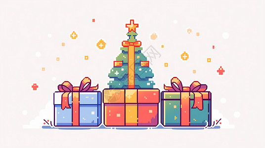 圣诞节漂亮的卡通礼物盒与圣诞树马赛克风背景图片