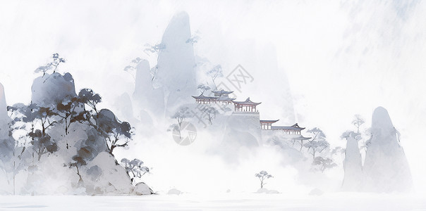 冬季雪子山上唯美的古风建筑水墨风山水画插画