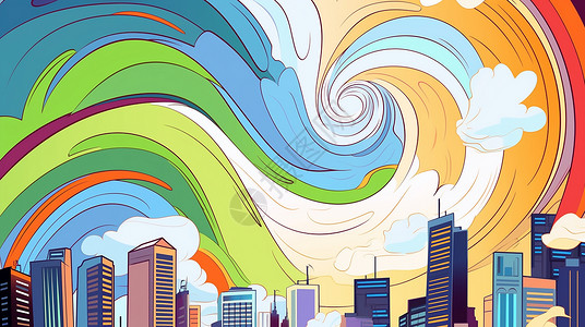 抽象彩色梦幻的城市卡通插画场景背景图片
