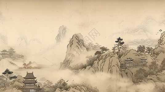 在高高的山顶上一座古风卡通建筑水墨古风卡通山水画插画