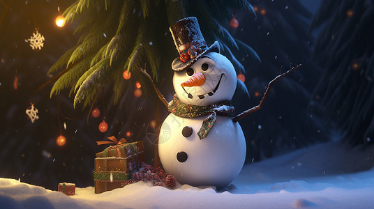 在圣诞树旁可爱的卡通雪人背景图片