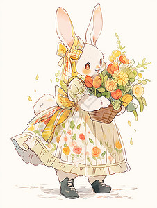 拿着花束兔子抱着花篮开心笑的可爱卡通小白兔插画