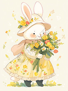 拿着花束兔子抱着花束穿着复古卡通裙子的卡通小白兔插画