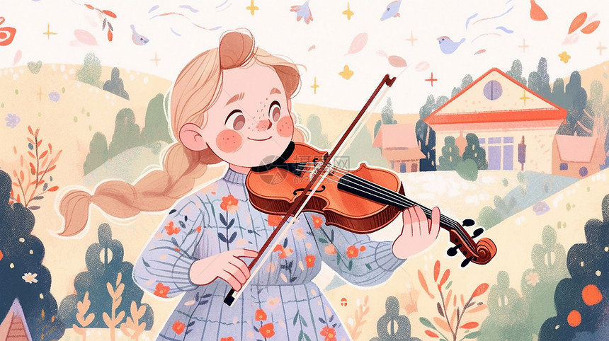 红脸蛋可爱的卡通小女孩在拉小提琴图片
