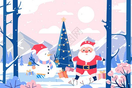 带雪人和圣诞树的边框冬季风景圣诞节圣诞老人和雪人插画