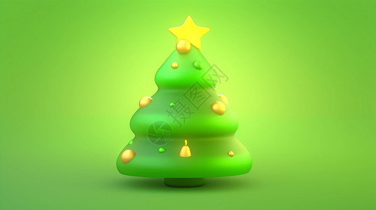 绿色可爱的卡通圣诞树顶着金黄色的卡通小星星背景图片