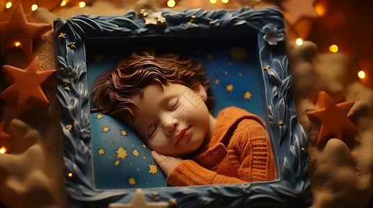 深蓝色相框中一个可爱的卡通小男孩在睡觉背景图片