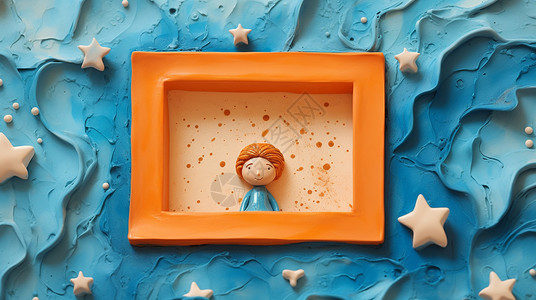 黏土风梦幻蓝色背景上一个橙色卡通小相框背景图片