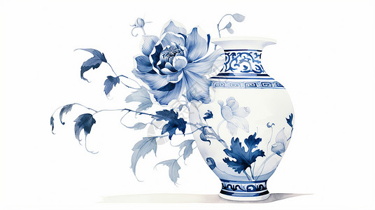 中国风镂空雕花蓝色调青花瓷牡丹花卡通瓷花瓶插画