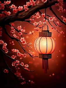 亮起灯温馨的卡通灯笼挂在梅花枝头背景图片