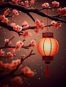 梅花树枝上挂着喜庆的卡通灯笼背景图片