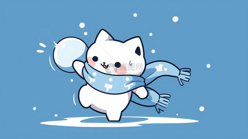 戴着蓝色围巾在雪中玩球的卡通小猫图片