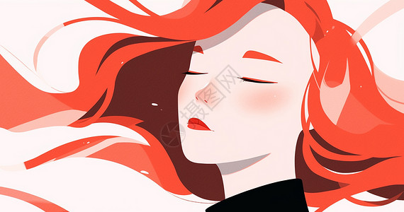 红唇闭着眼睛的长发卡通女孩扁平风背景图片