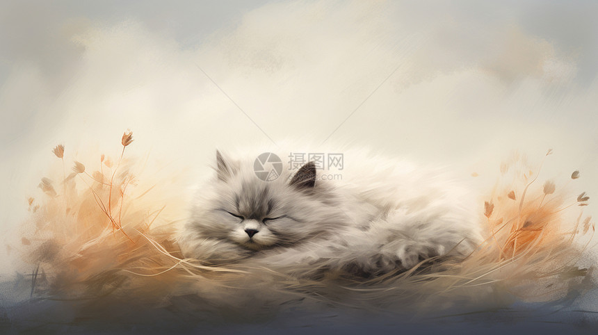 趴在草窝中睡觉的可爱卡通猫图片