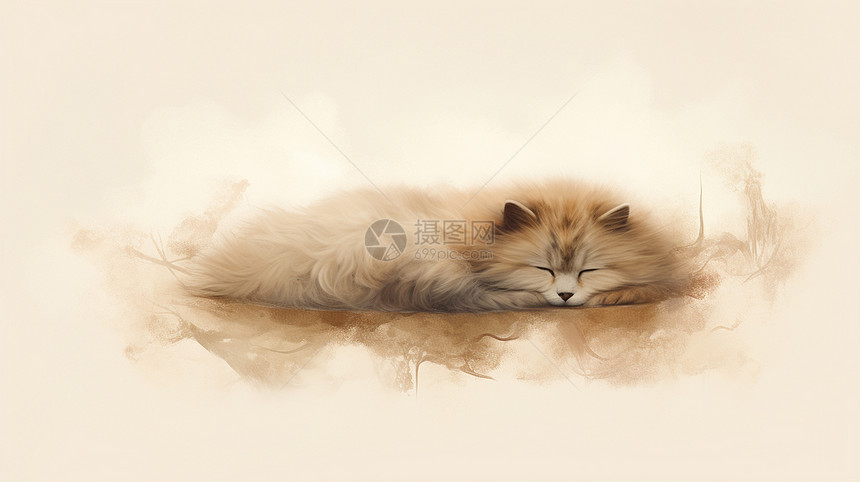 棕色毛茸茸可爱的卡通猫睡觉图片