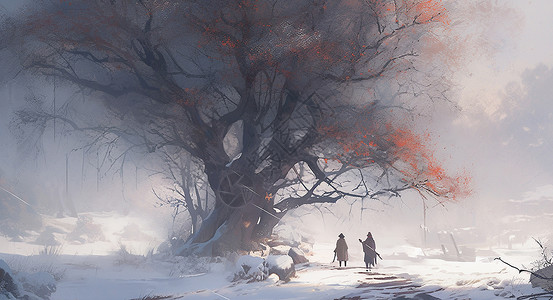 冬天雪后大树下两个小小的卡通人物剪影高清图片
