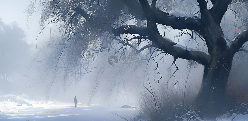 冬天雪后走在路上的小小卡通人物剪影旁一棵高大的古树图片