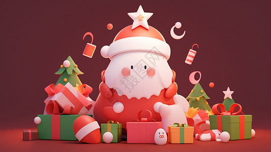 被礼物包围的可爱卡通圣诞老人背景图片