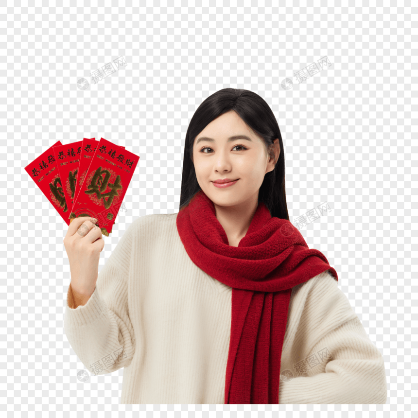 年轻女性手举红包图片