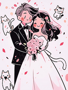 甜蜜幸福的卡通情侣结婚背景图片