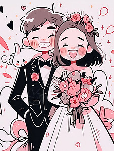 开心笑幸福的卡通情侣结婚背景图片