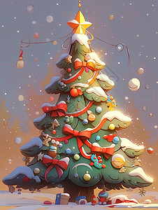 有很多蝴蝶结装饰的卡通圣诞树背景图片