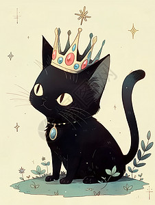 蹲坐在草地上戴着华丽皇冠可爱的卡通猫背景图片