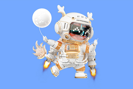 科技气球c4d立体科技感宇航员龙娃娃手拿气球ip形象插画