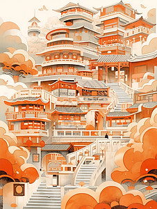 小清新橙色调漂亮的多层复古卡通房子背景图片