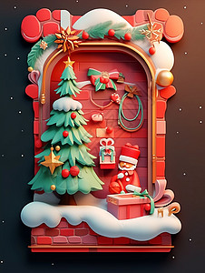 圣诞节装饰华丽的卡通圣诞树与壁炉背景图片