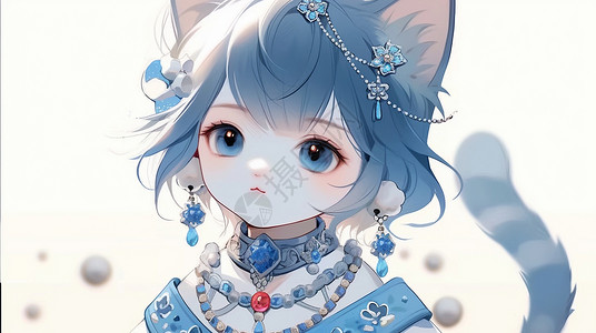 戴着华丽饰品的蓝色大眼睛可爱卡通猫女孩背景图片