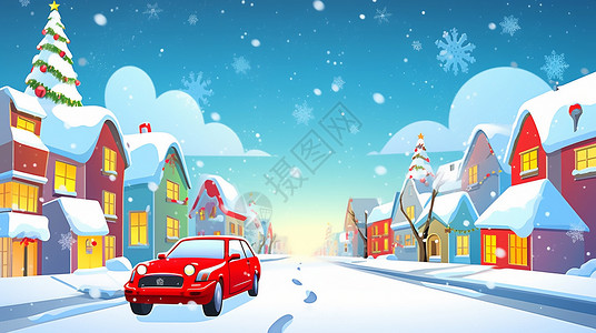 红色小汽车圣诞夜晚行驶在路上的红色卡通小汽车插画