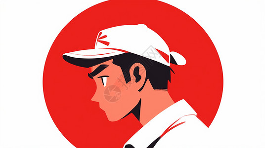 戴着白色棒球帽红色背景前的卡通男青年的侧面背景图片