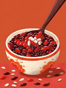 勺子里豆子白色碗中盛满一碗美味的豆子插画