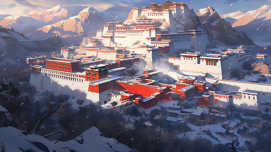 民族风建筑山中雪后美丽的古风卡通宫殿插画