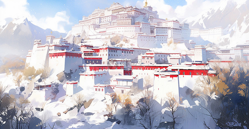 冬天雪后山顶上一座古风卡通宫殿图片