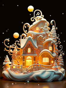 立体漂亮的可爱卡通圣诞屋背景图片